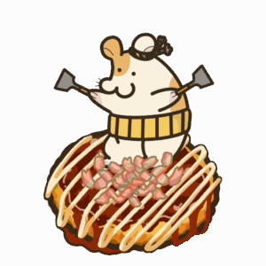 ヘラを両手に持ってお好み焼きの上に乗ったハムスターの透過イラスト