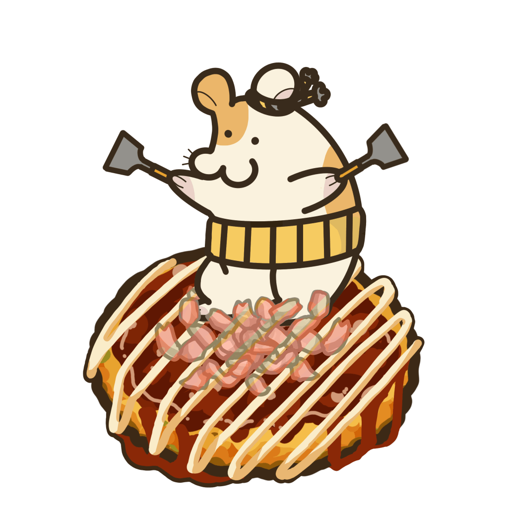 ヘラを両手に持ってお好み焼きの上に乗ったハムスターの透過イラスト