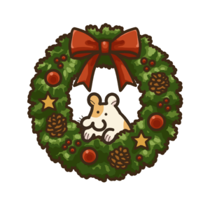 クリスマスリースから顔をのぞかせるハムスターの透過イラスト