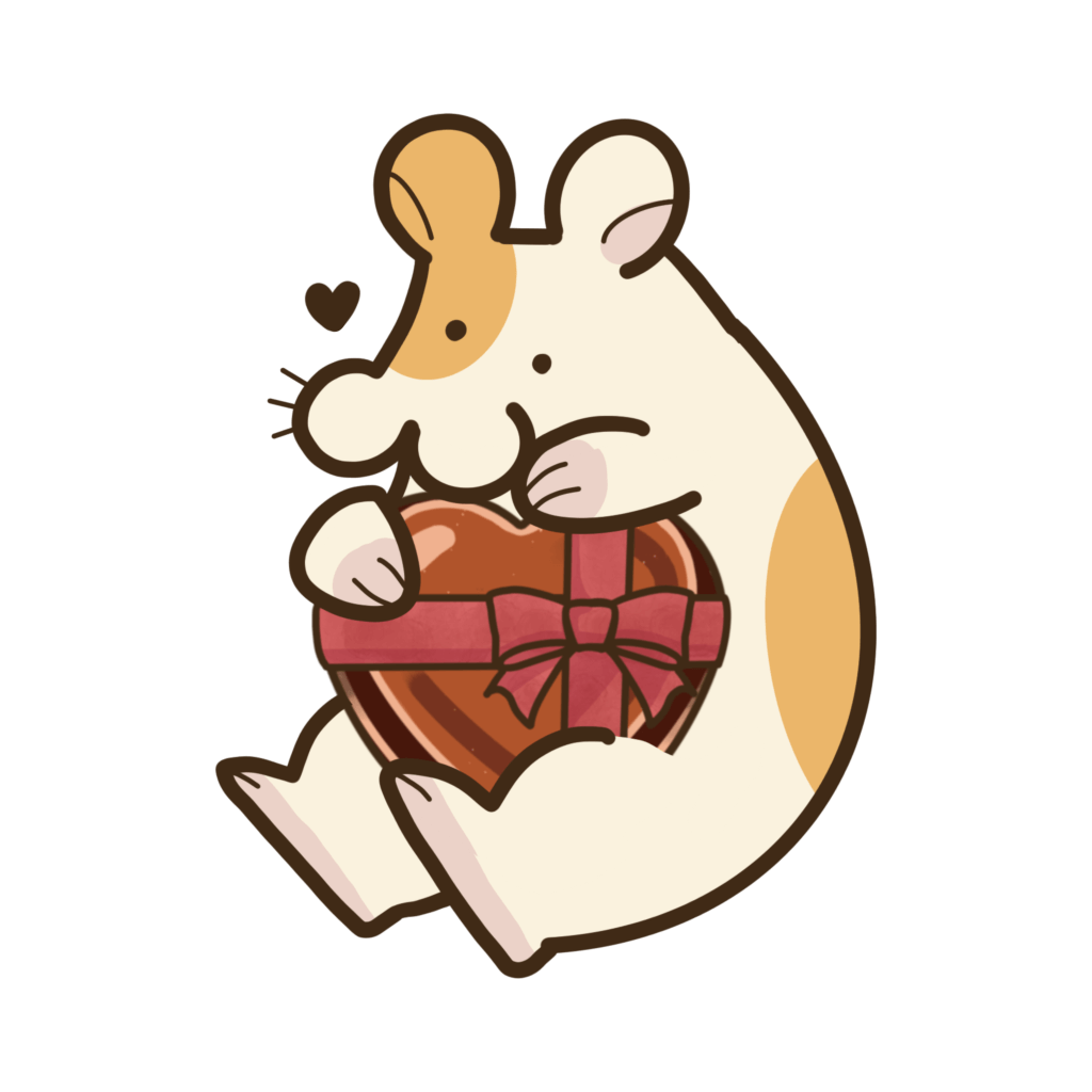 バレンタインデーのハート型チョコレートを抱えるハムスターの透過イラスト
