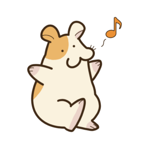 ご機嫌に音符(橙色)を浮かべるハムスターの透過イラスト