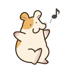 ご機嫌に音符(灰色)を浮かべるハムスターの透過イラスト