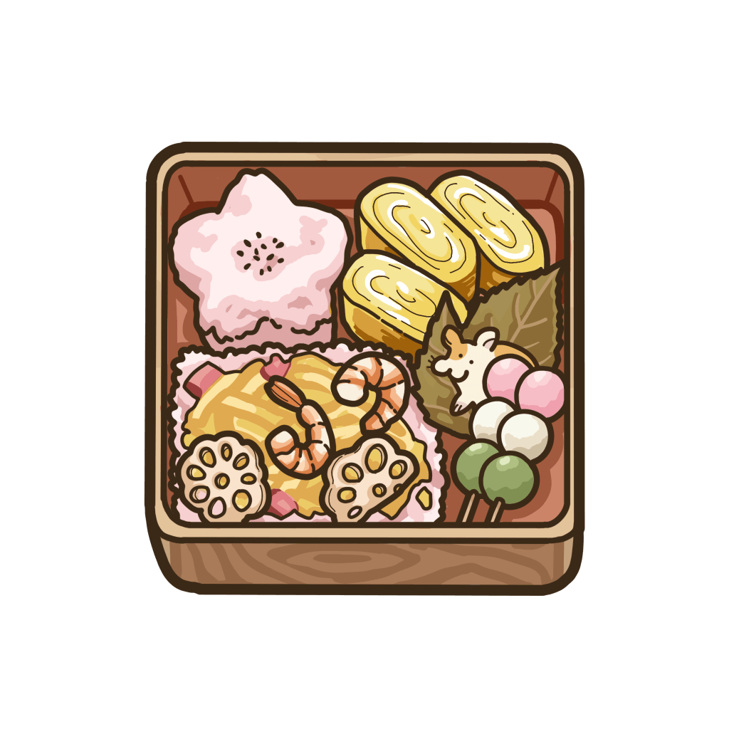 お花見お弁当にまぎれこむハムスターの透過イラスト