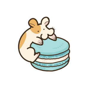 青いマカロンにかじりつくハムスターの透過イラスト