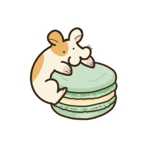 緑のマカロンにかじりつくハムスターの透過イラスト