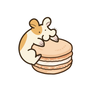 オレンジのマカロンにかじりつくハムスターの透過イラスト