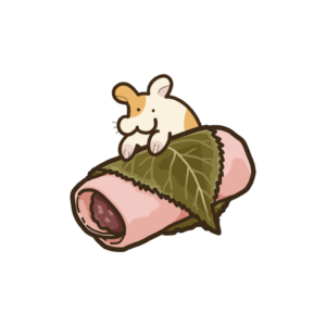 関東風桜餅に興味津々のハムスターの透過イラスト